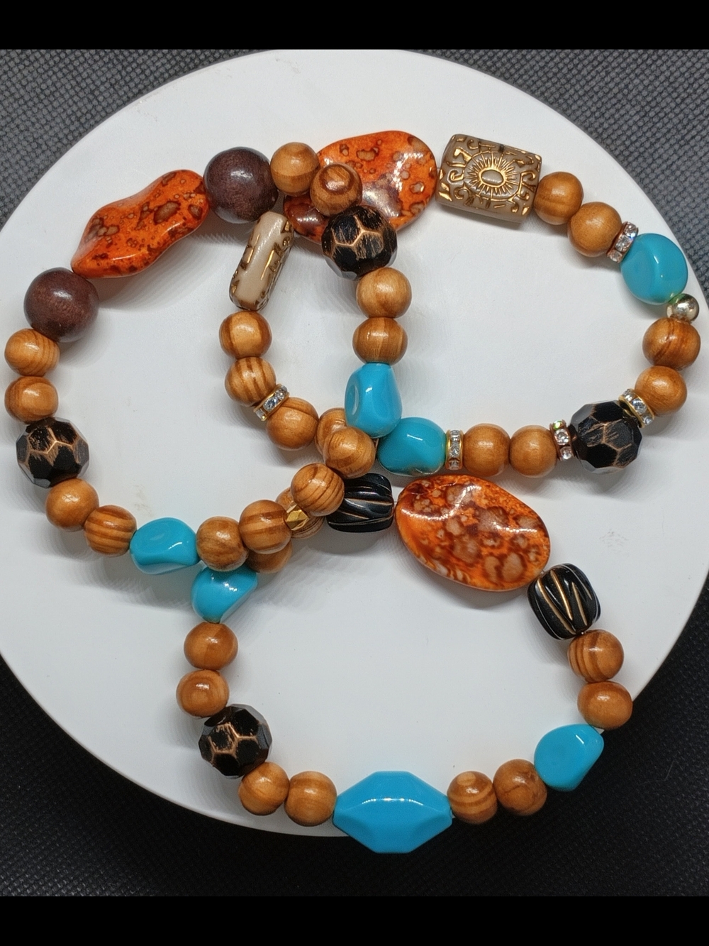 Boho Turquoise & Wood Beaded Stretch Bracelet Set - Women Jewelry
